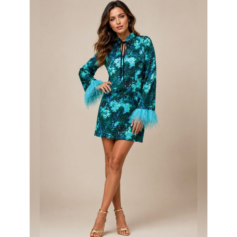 NWT Hope & Ivy Alexis Feather Trim Mini Dress Green Floral Satin Party US 2